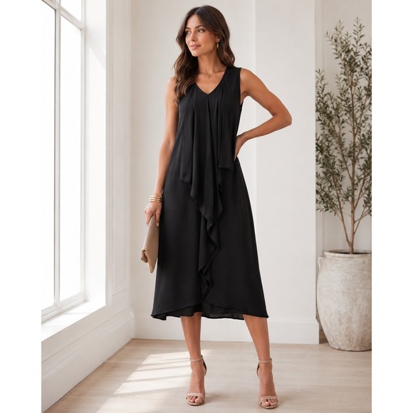 Chico's Dresses & Skirts - Chico's Midi Dress Womens 1 Black Stretch Knit Ruffle Front Travel Casual Resort